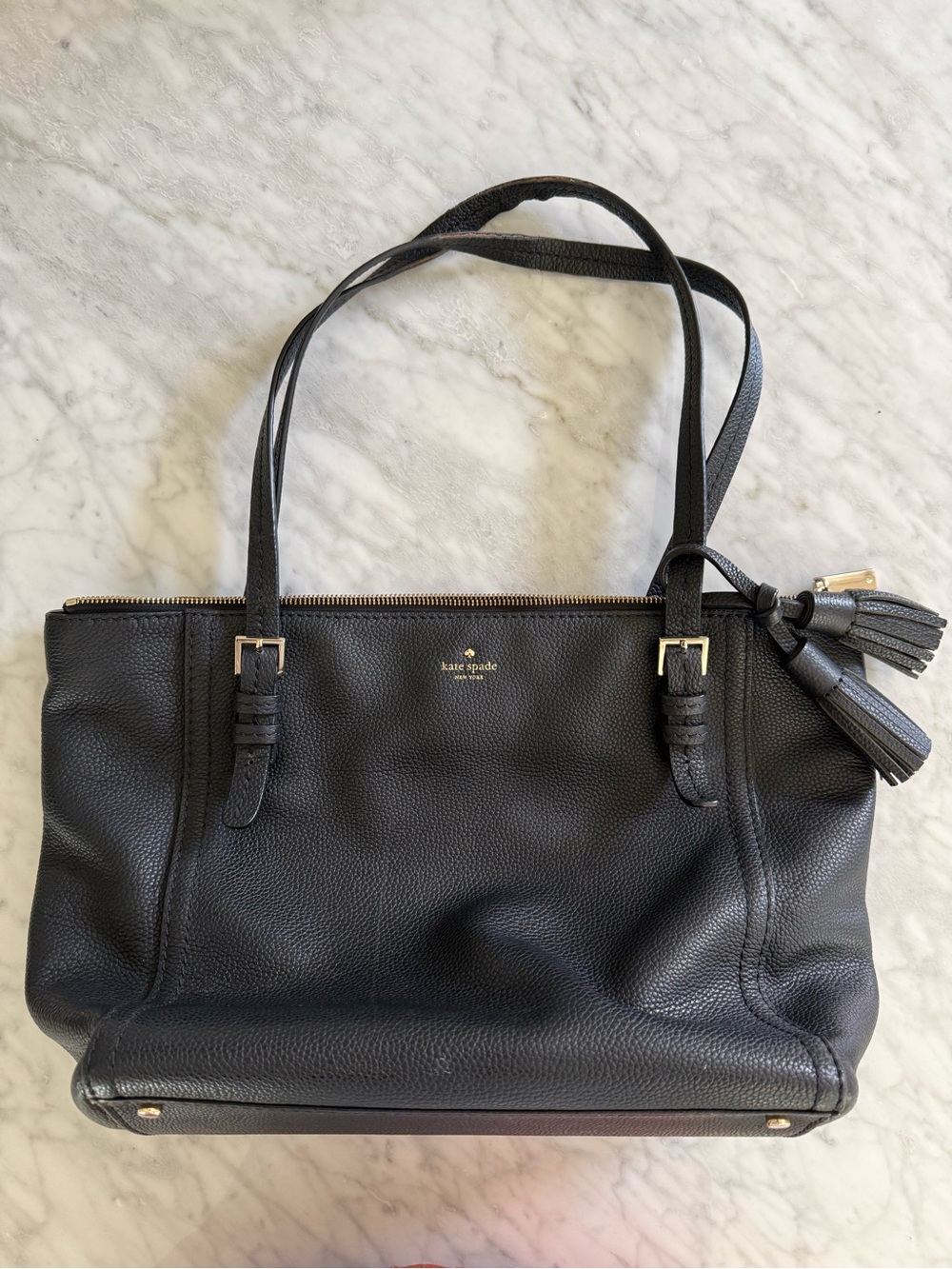 Kate Spade New York Black Pebbled Leather Large Zip Top Tote Work Bag